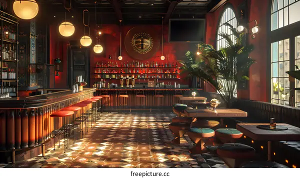 Retro bar interior with red leather chairs and patterned floor tiles