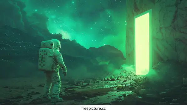 Astronaut in front of a portal on a distant planet