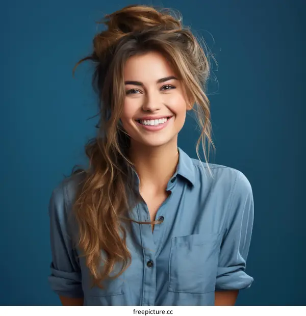 portrait of a beautiful smiling woman with brown hair wearing a blue shirt