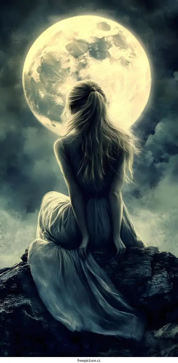Woman Sitting on a Rock with a Full Moon in the Background