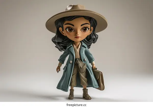 A 3D rendering of a young woman wearing a hat and coat