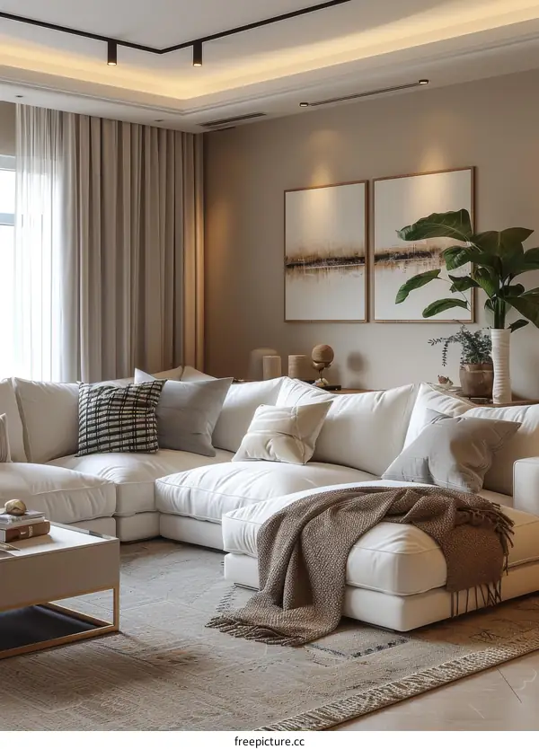 Modern Living Room Interior Design with White Sofa and Brown Throw Blanket