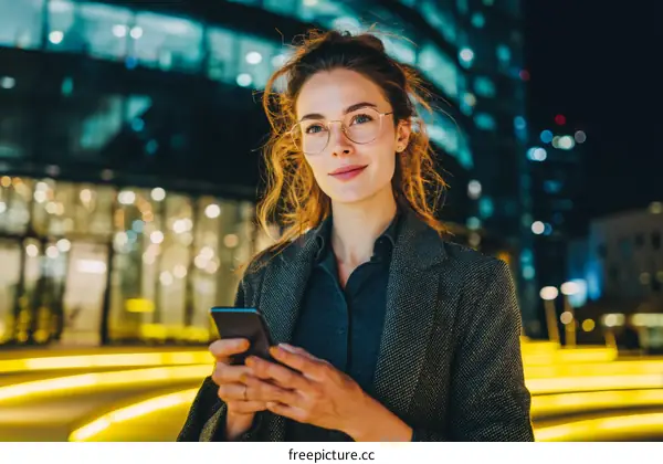 Urban Night Portrait of a Woman Using Phone