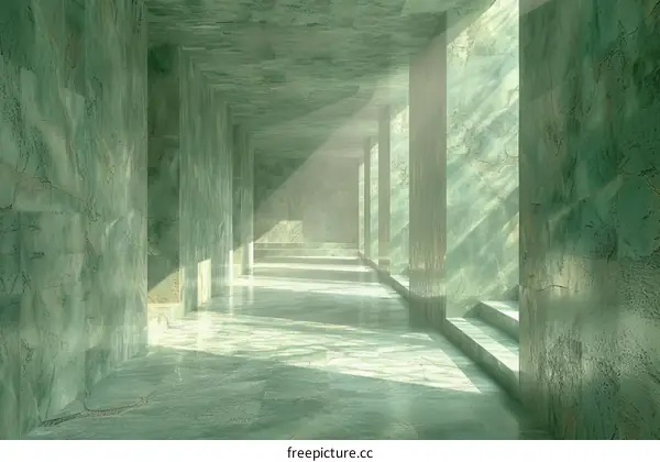 Green Marble Interior Space with Sunlight Shining Through Windows