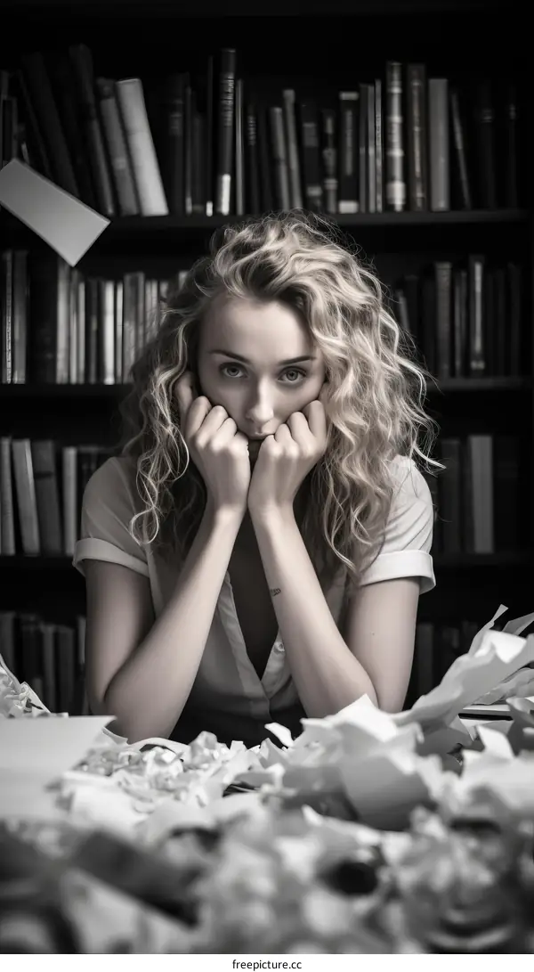 Worried Woman Sitting by Desk Reading Papers