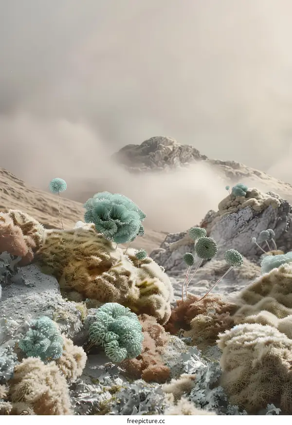 Artistic Illustration of a Foggy Mountain Landscape with Abstract Floral Elements