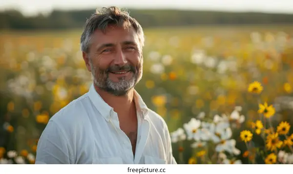Portrait of a happy middle-aged man standing in a field of flowers