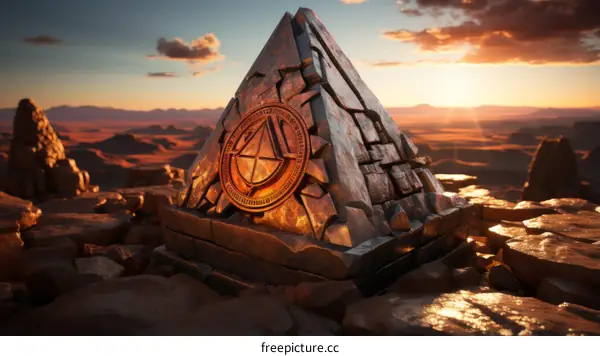 An Ancient Stone Pyramid In The Desert With A Golden Disk On Its Front