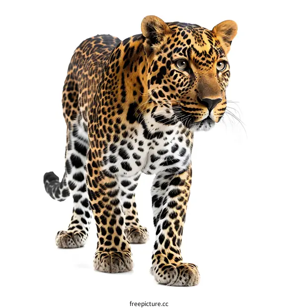 A leopard stands on a white background