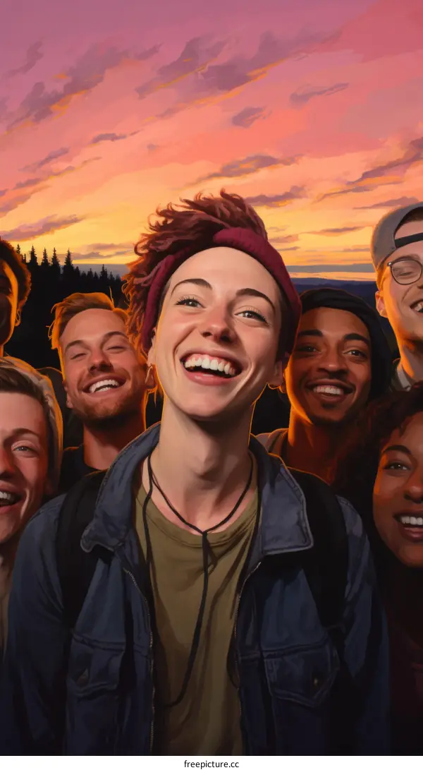 a group of diverse friends laughing and smiling together at sunset