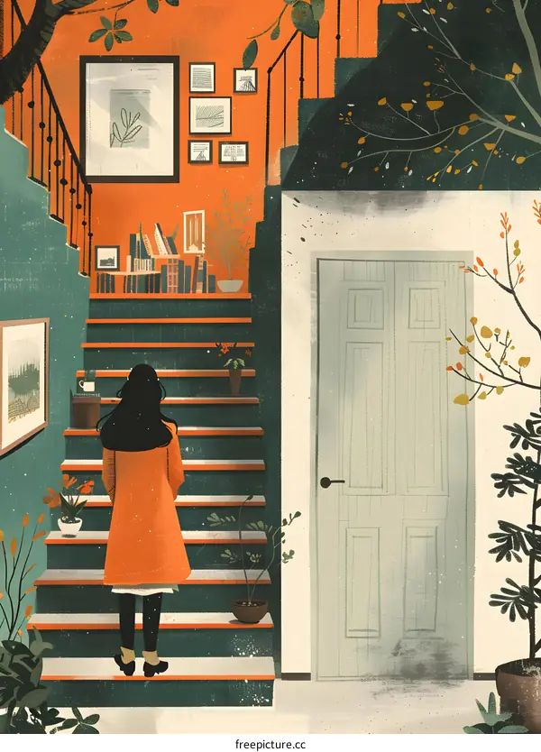 girl in orange coat standing on stairs