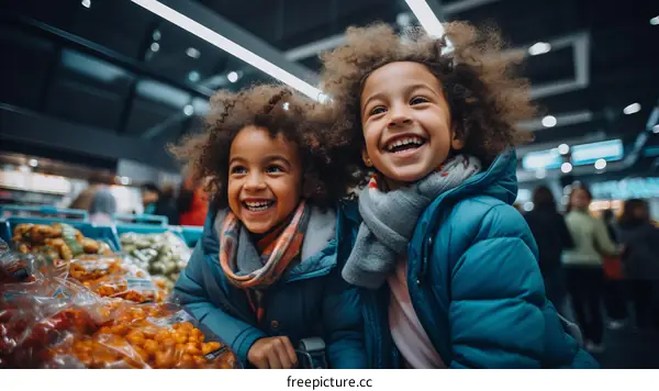 Two happy children in a grocery store