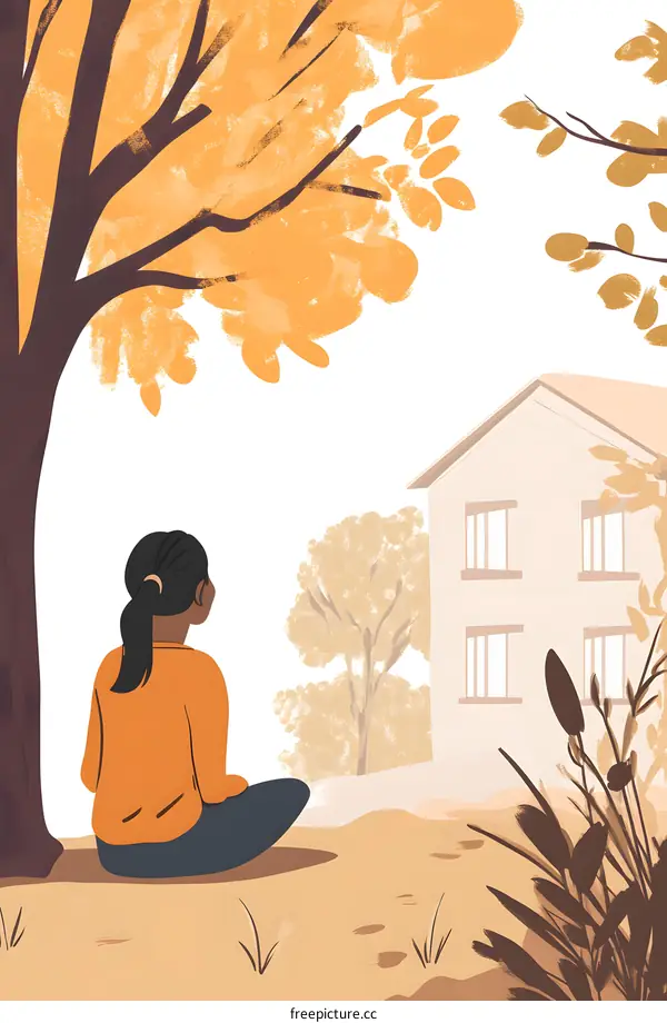 Woman Sitting in Autumn by a House