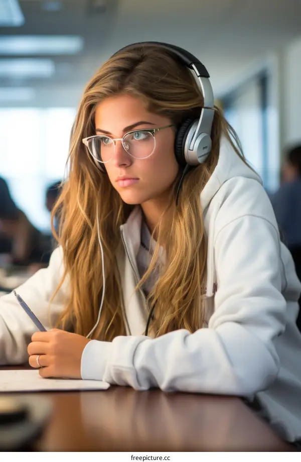Young woman wearing headphones and glasses studying in the library