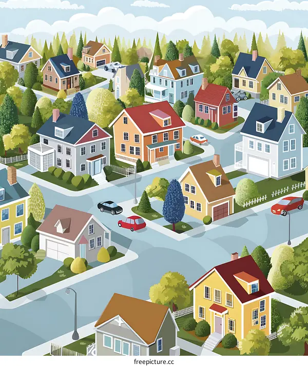 Beautiful Neighborhood with Houses and Trees