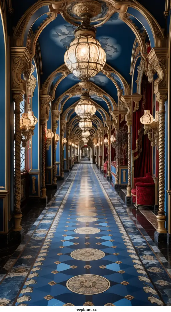 A long blue hallway with gold accents and red velvet chairs