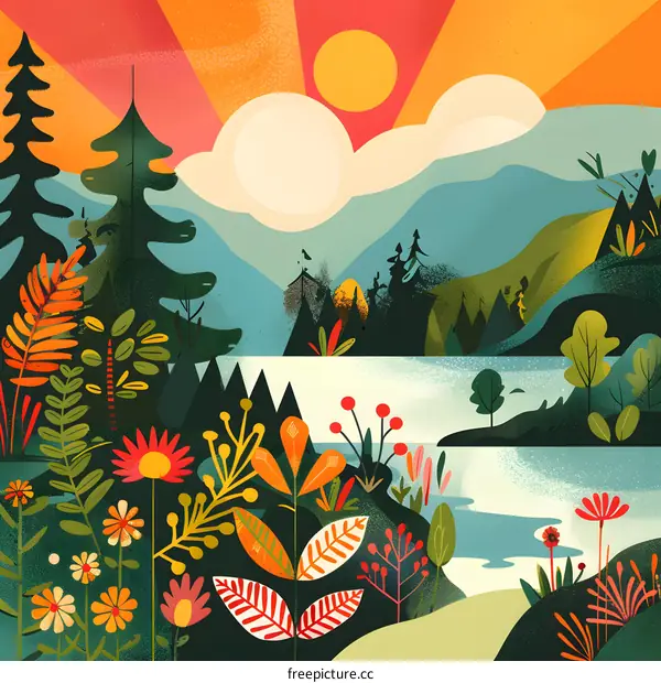 Sunrise Over the Mountain and Lake With Colorful Flowers