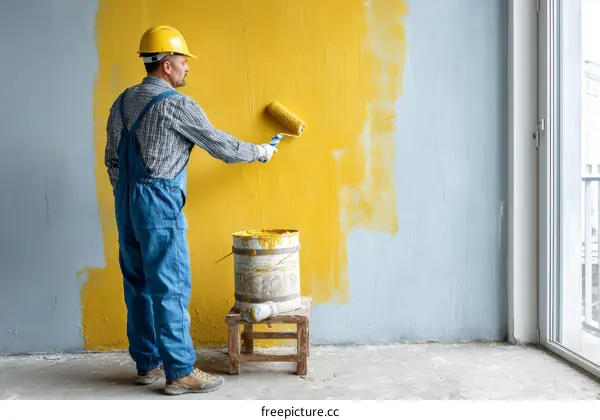 Worker Painting a Yellow Wall in a Room Under Renovation