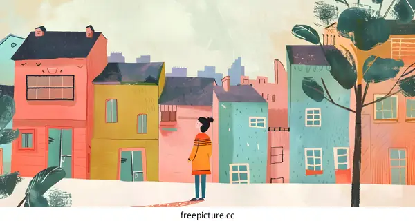 Colorful Illustration of a Girl Standing in Front of Row of Houses