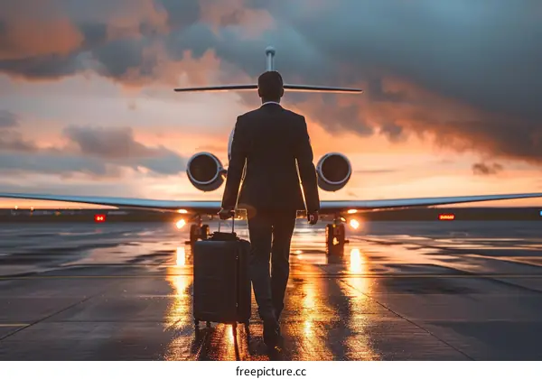 Businessman walking towards private jet at sunset