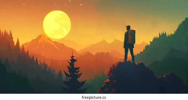 Silhouette of a Man Hiking on a Mountain at Sunset with a Full Moon