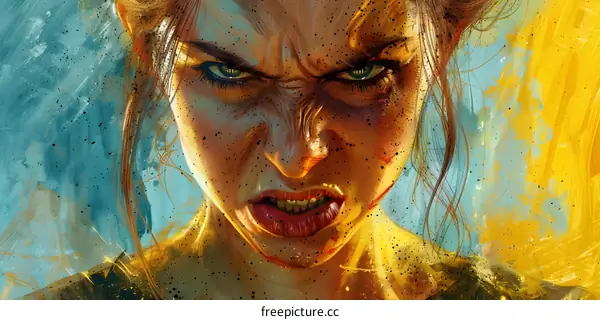 A woman with green eyes and brown hair snarls with an angry expression on her face