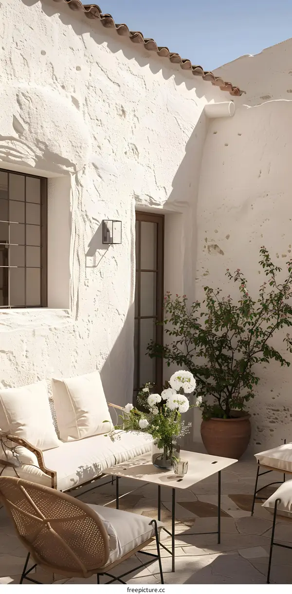 White Wall Patio with Wicker Chair and Flowers