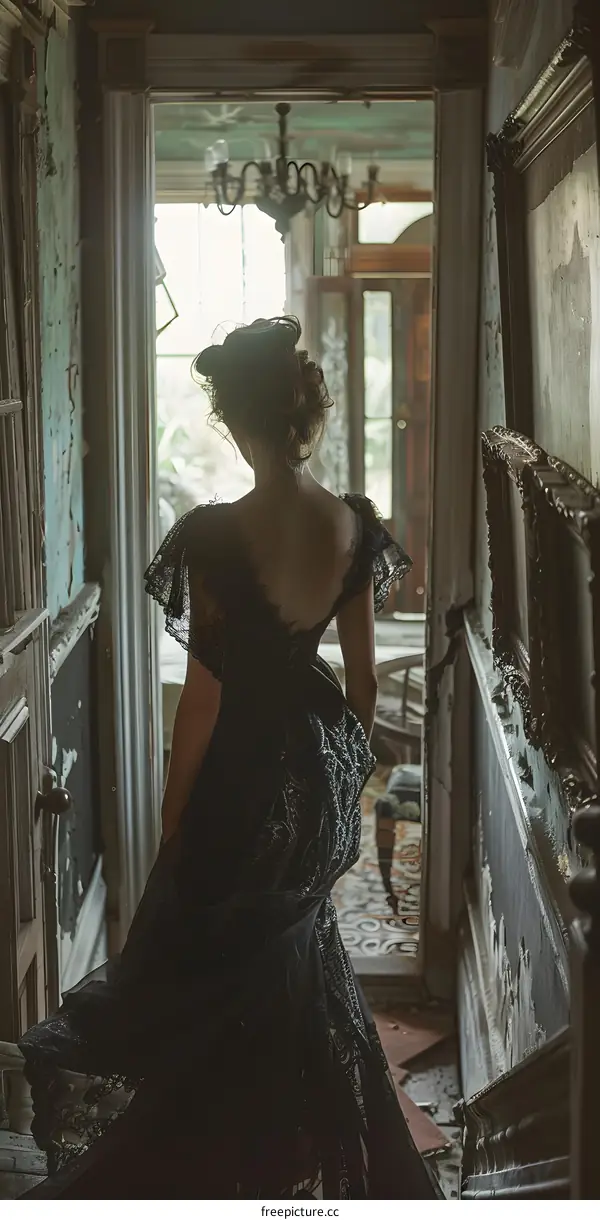 A woman in a black lace dress walks through a dilapidated house