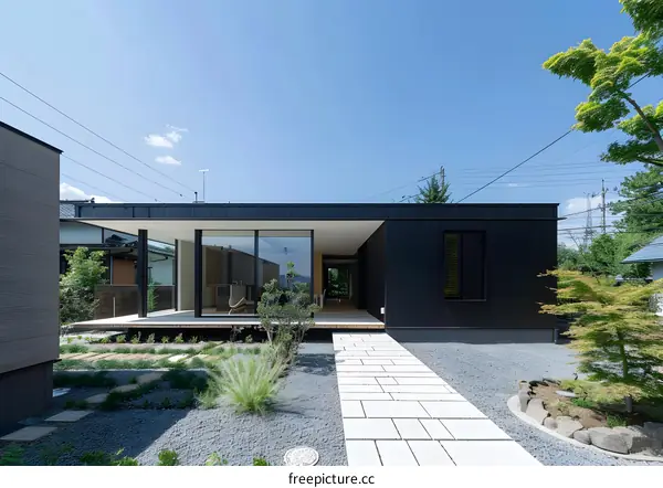 Modern Minimalist Black House with White Stone Path and Green Landscape