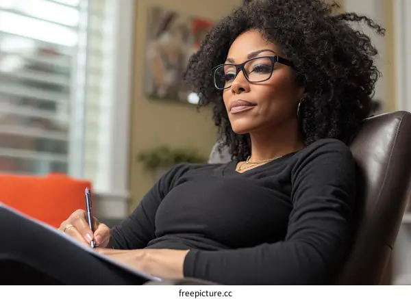 Focused Woman Writing Notes in Home Setting