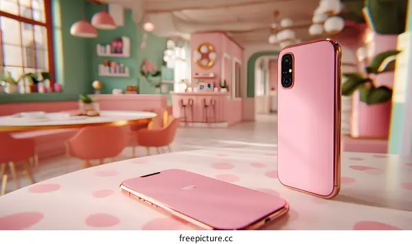 Pink Mobile Phone with Gold Trim on a Table in a Cafe