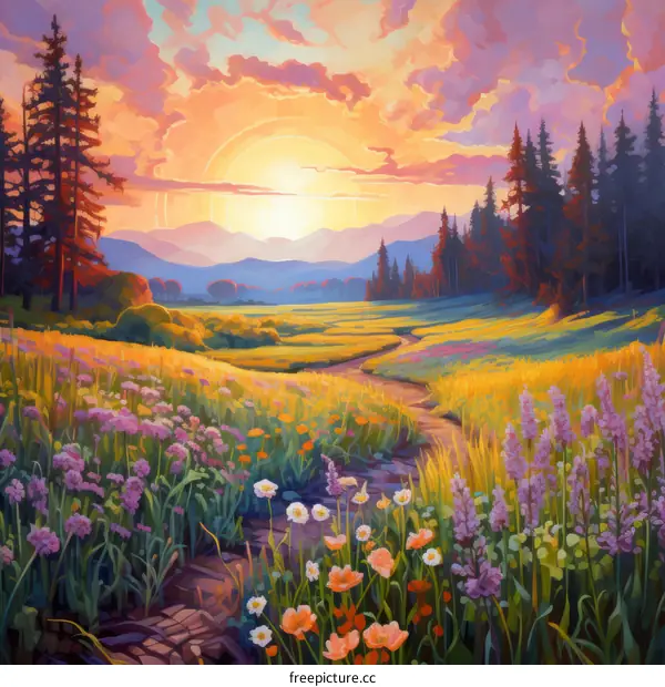 Vibrant summer landscape with colorful wildflowers and a setting sun