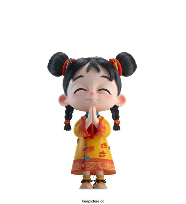 [Transparent Background PNG]A cute cartoon girl with black hair and red cheeks wearing a yellow dress and red shoes is standing with her hands together in front of her.