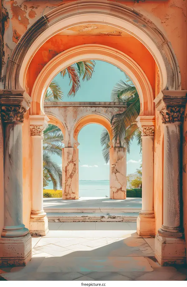 Arches and Palms Leading to a View of the Ocean