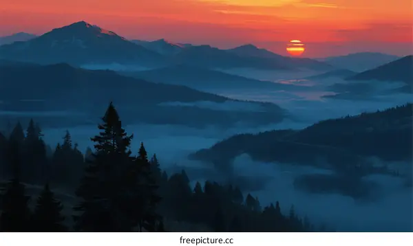 Beautiful Morning Sunrise Over Misty Mountain Range with Pine Trees