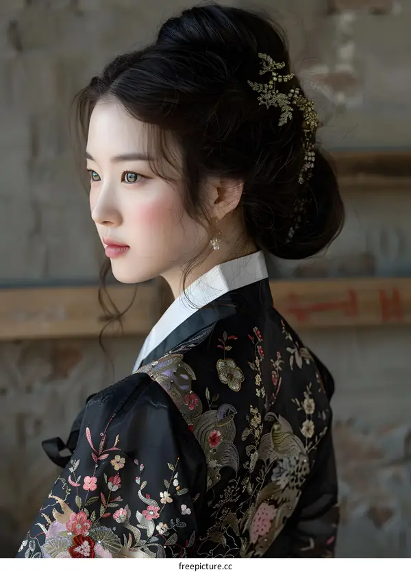 Portrait of a young woman in traditional Korean dress, or Hanbok
