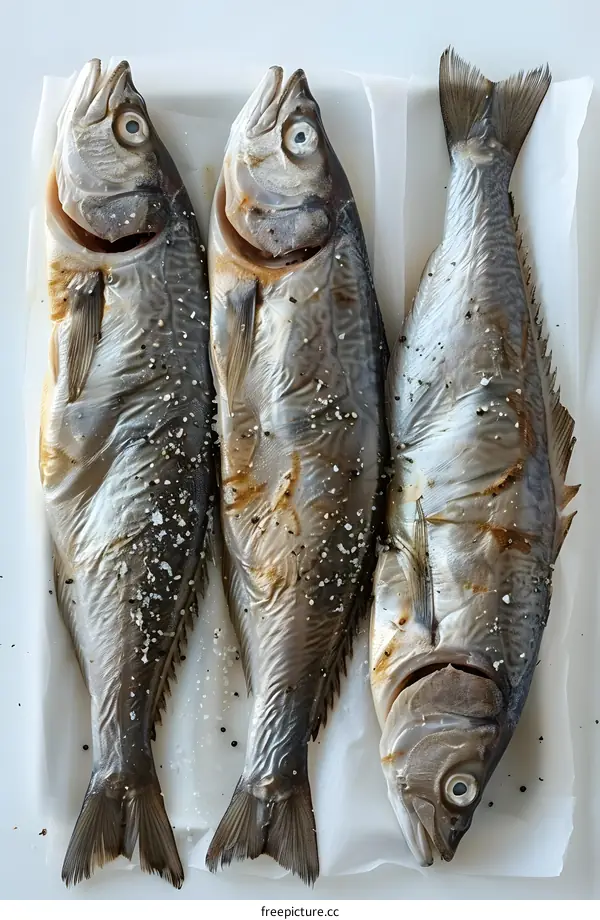 Three whole cooked fish on parchment paper