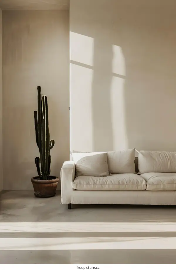 Minimalist Living Room Interior Design with Cactus and Sunlight