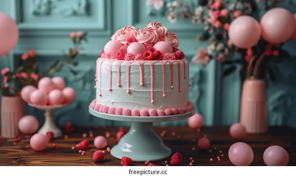 Pink cake with pink and white frosting and raspberries on top
