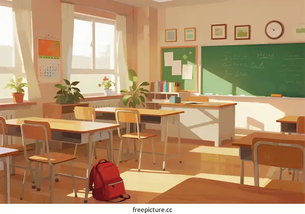 Bright and Empty School Classroom with Green Chalkboard
