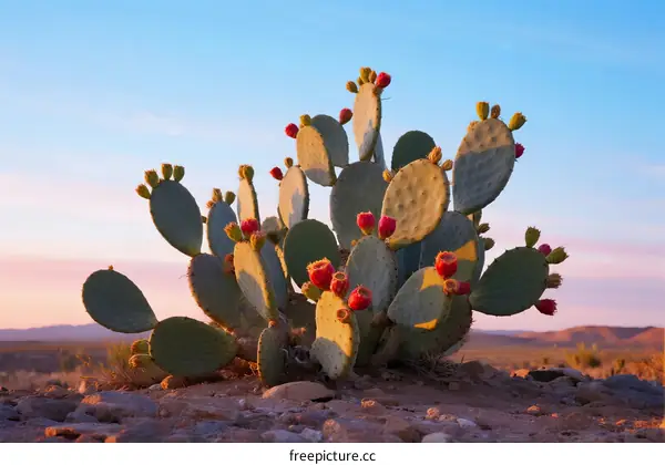 Prickly Pear Cactus with Red Fruits in Arid Desert Landscape