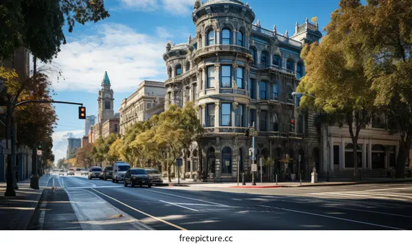 A wide tree-lined street with a row of historic buildings