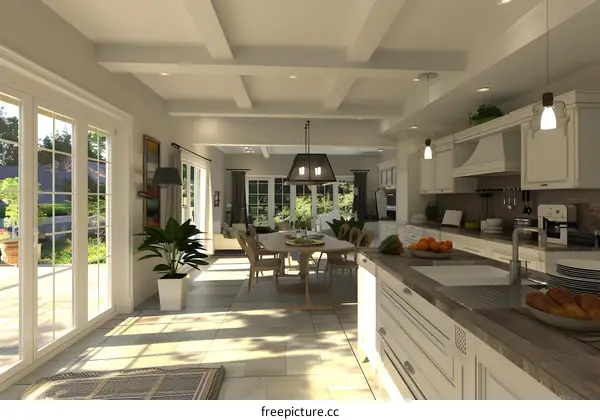 An illustration of a modern kitchen and dining room with a large island and a vaulted ceiling