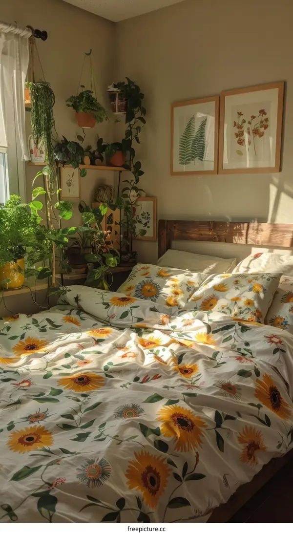 Cozy Bedroom with Sunflower Duvet Cover and Greenery