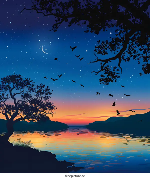 Silhouettes of Trees and Birds Flying Over a Lake at Sunset