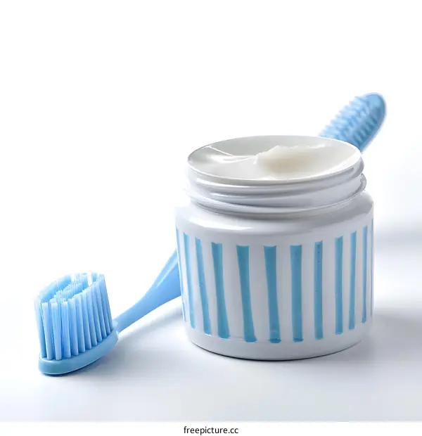 A blue and white striped jar of toothpaste with a blue toothbrush next to it