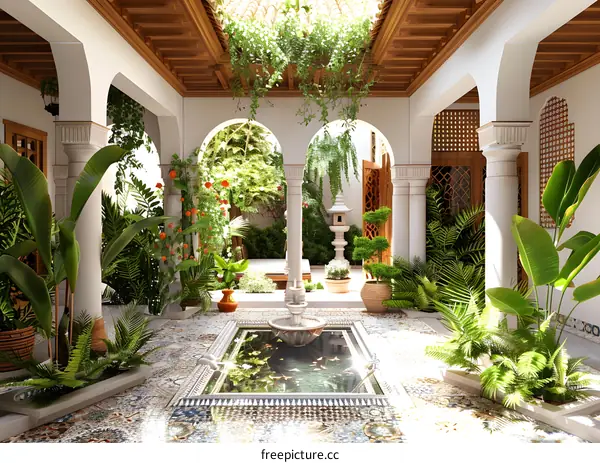 Beautiful Garden Patio With Pond And Fountain