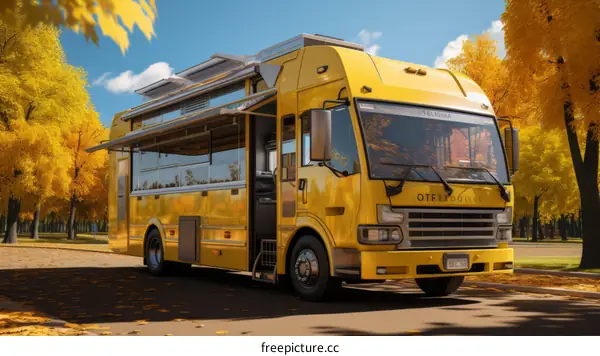 Yellow bus with solar panels on the roof parked in a park with yellow trees