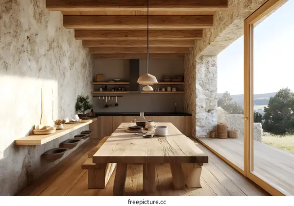Minimalist Kitchen Design with Wooden Beams and Stone Walls