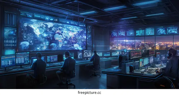 A group of people monitoring a large screen in a dark room